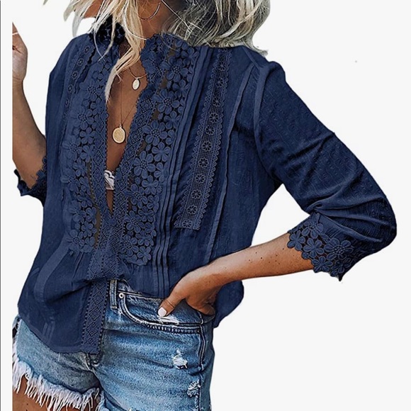 Tops - Gorgeous Navy Lace Pleat Button Top